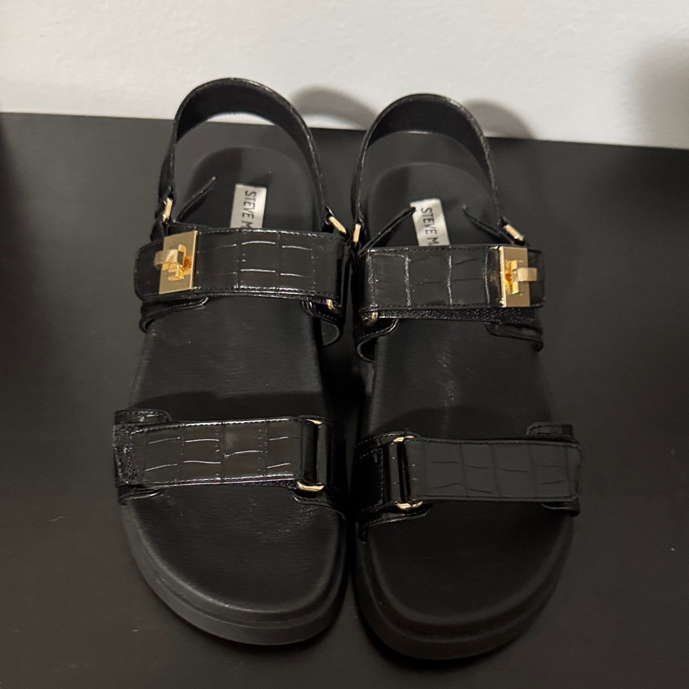 Steve Madden Black Croc-Embossed Sandals with Gold Accents